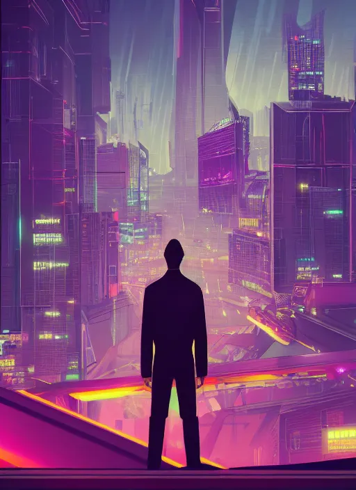 Prompt: Panfuturism cyberpunk art of a man standing on top of a bridge over a city, by Reuben Tam, Artstation contest winner, synthwave, retrowave, 2d game art