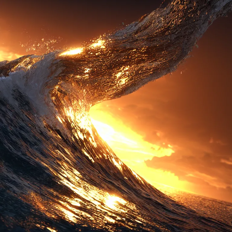 Prompt: a cinematic shot of an epic wave at sunset, octane render, volumetric lighting, nvidia raytracing demo, by Andy Thomas, Mario Martinez, Daniel Mirante, Gustave Dore, Artstation, CGsociety, masterpiece