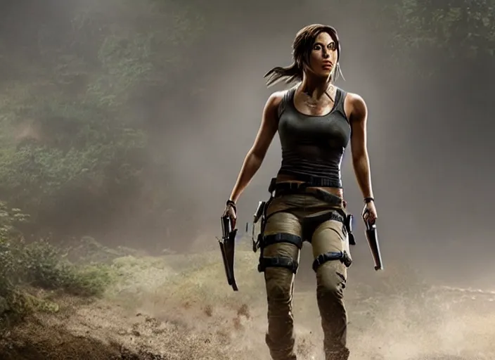 Image similar to film still of!!!! chloe bennett!!! as lara croft in new tomb raider movie, 8 k