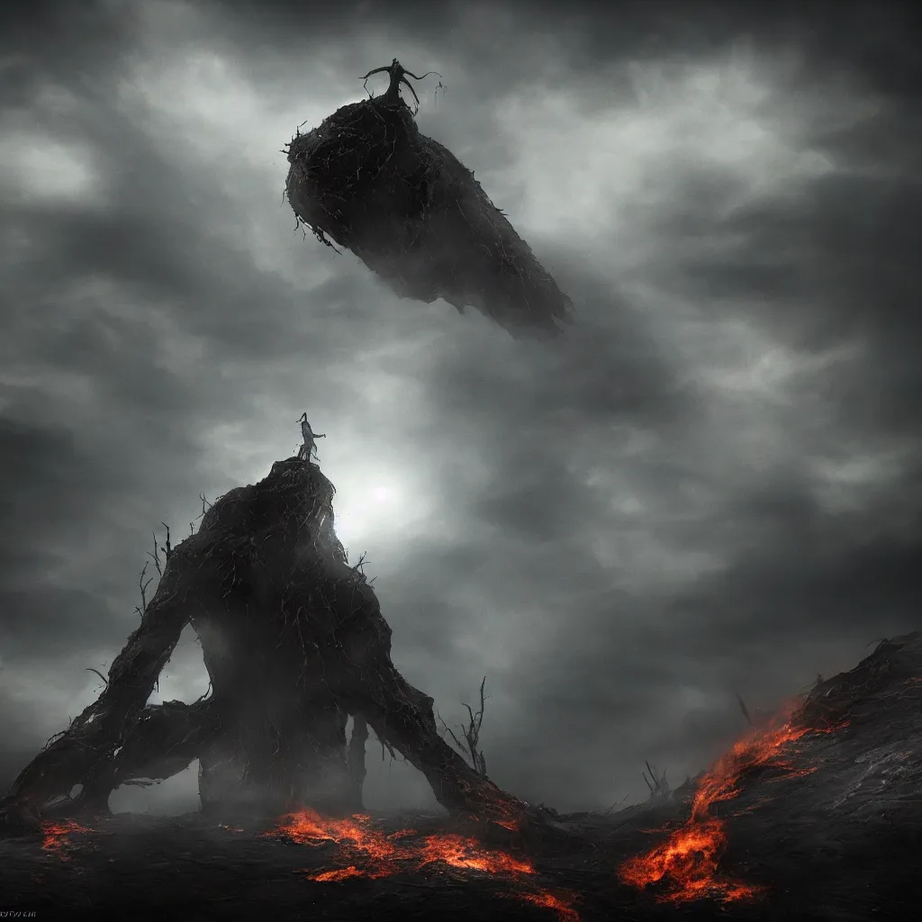 Prompt: the deity rises from the ashes, dark and mysterious, stopped in time, atmospheric, ominous, eerie, cinematic, 4k, ultra detail, ultra realistic