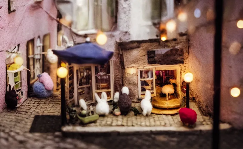 Image similar to miniature cafe diorama, macro photography, cafe with felted bunnies on a date, alleyway, ambient, atmospheric, british, cozy, bokeh, romantic, colorful lanterns