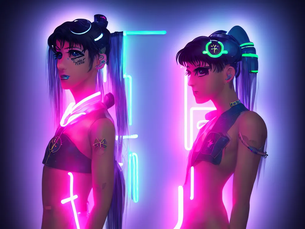 Image similar to a portrait of the neon cyberpunk sailor moon with arm tattoos, single person, dystopian scifi gear, gloomy, profile picture,