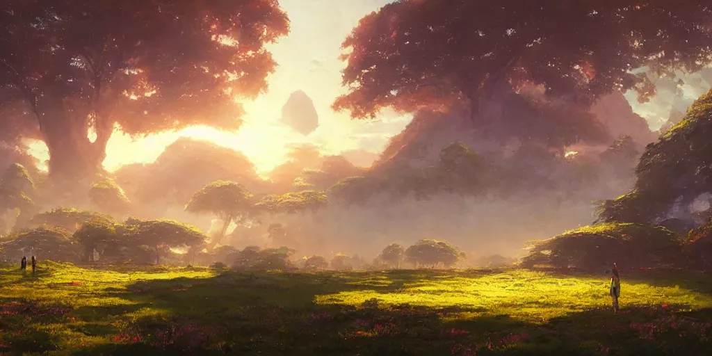 Prompt: an extraordinarily beautiful oil painting of an alien starship in a landscape in spring during sunrise ; lush vegetation ; the most beautiful painting in the world ; by makoto shinkai and craig mullins