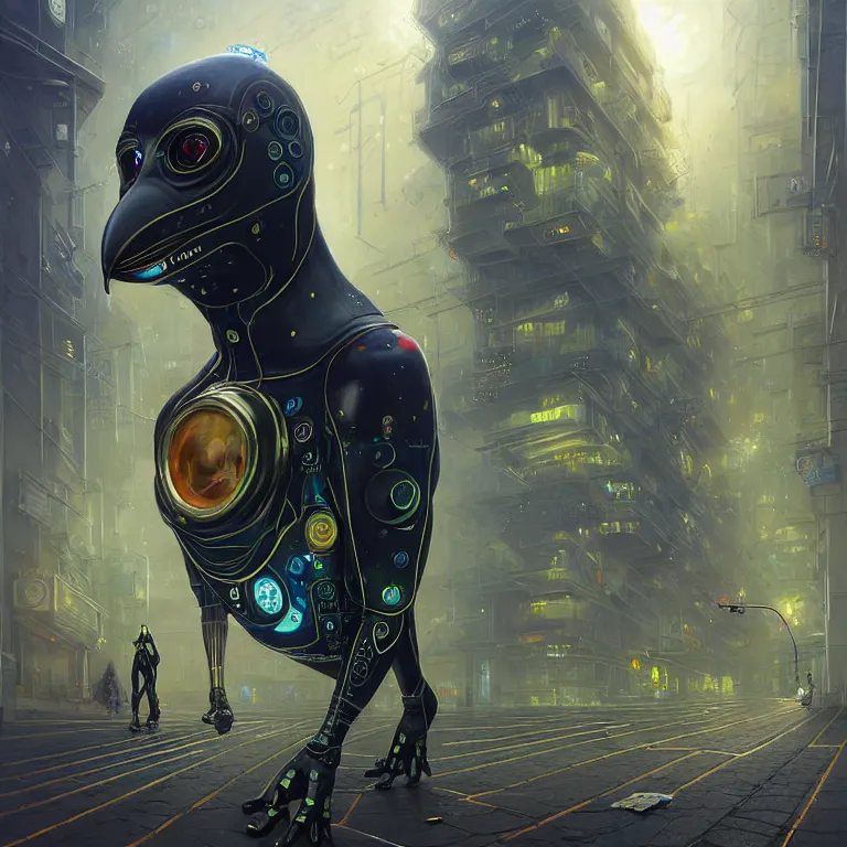 Prompt: A solarpunk very highly detailed Anthropomorphic cybertronic penguin wearing sport suit with very highly detailed face on the street of a very highly detailed solarpunk city digital surrealism art by Greg Rutkowski and Josan Gonzalez, highly detailed, digital concept art, Volumetric natural light, sharp focus, Golden Ratio illustration, realistic concept art by Stephen Hickman and James Gurney and Hiromasa Ogura Ghost in the Shell rendered in VRAY, From the distance