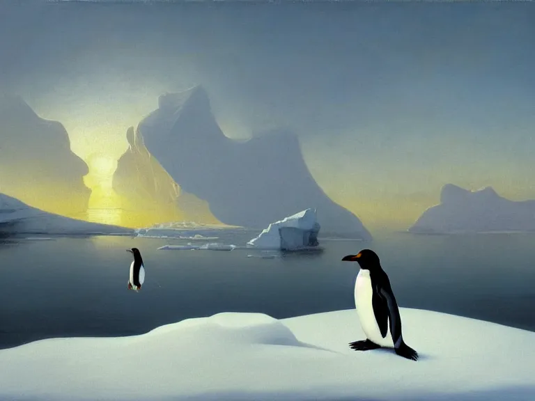 Prompt: an oil painting of a penguin playing in pure white snow on a misty iceberg at dusk. aurora. by tuomas korpi moebius and carl spitzweg. baroque elements. intricate artwork by caravaggio. oil painting. oil on canvas. award winning. dramatic. trending on artstation. 8 k