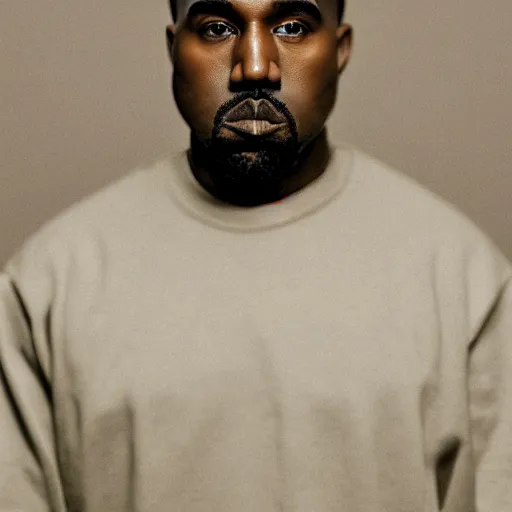 Image similar to the face of kanye west wearing yeezy clothing at 5 0 years old, portrait by julia cameron, chiaroscuro lighting, shallow depth of field, 8 0 mm, f 1. 8