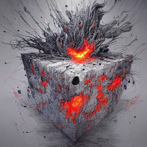 Image similar to a smooth grey cube being devoured by extremely detailed splatters of abstract paint, engulfed in flames in the style of james jean, pascal blanche, surreal, beksinski, high detailed