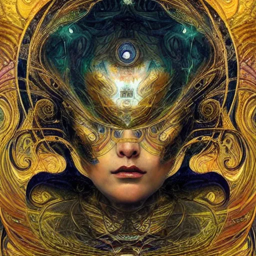 Image similar to a beautiful visionary portrait of Divine Chaos Engine by Karol Bak, Jean Deville, Gustav Klimt, and Vincent Van Gogh, sacred geometry, mystic, spiritual, fractal structures, ornate gilded medieval icon, third eye, spirals