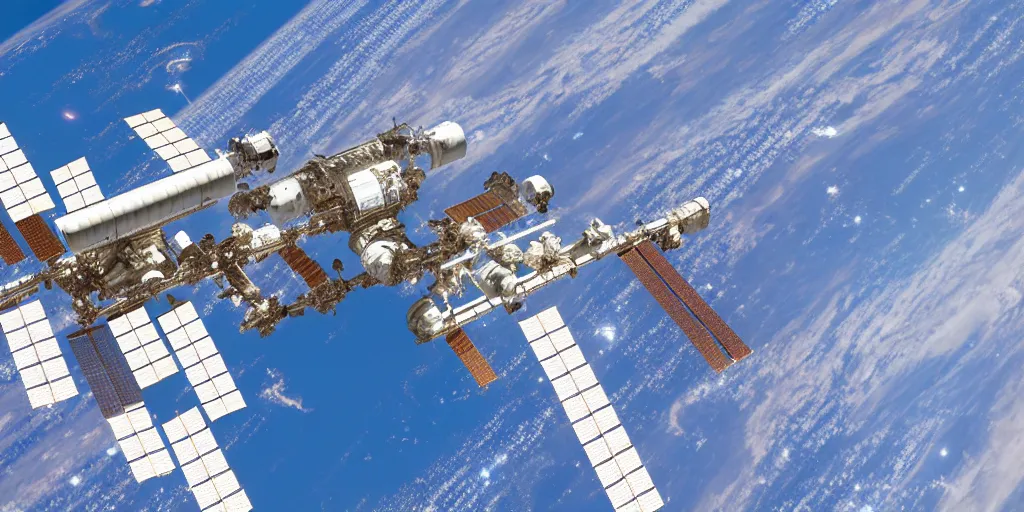 Image similar to a detailed sketch of the international space station, with the sun reflecting off of it's windows, various refining methods, micro macro autofocus, ultra definition, cinematic