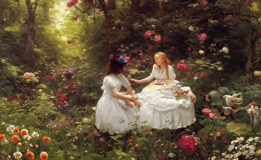 Image similar to alice in the wonderland by peder mørk mønsted and pierre auguste cot and daniel f. gerhartz