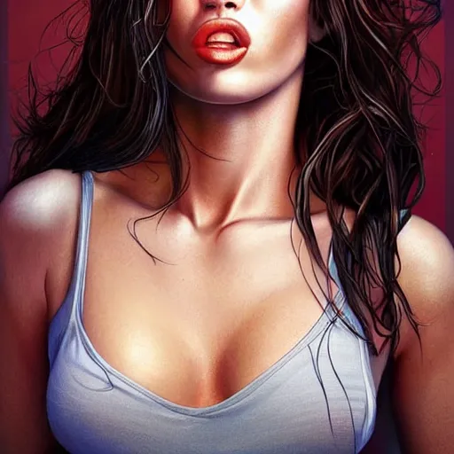 Prompt: megan fox licking her lips in anticipation, hyperrealistic portrait, photo realistic, poster, artstation, volumetric lighting, digital art, very detailed face by magali villeneuve