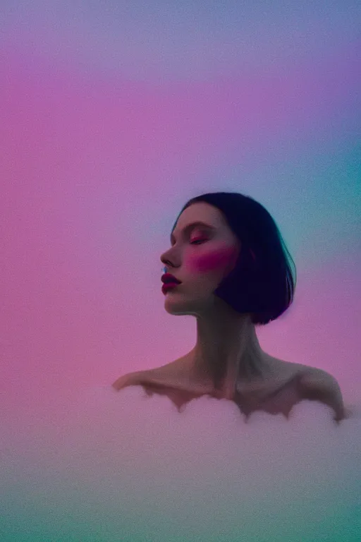 Image similar to high quality pastel coloured film close up wide angle photograph of a model wearing clothing swimming on cloud furniture in a icelandic black rock!! environment in a partially haze filled dreamstate world. three point light, rainbow. photographic production. art directed. pastel colours. volumetric clouds. pastel gradient overlay. waves glitch artefacts. extreme facial clarity. 8 k. filmic.