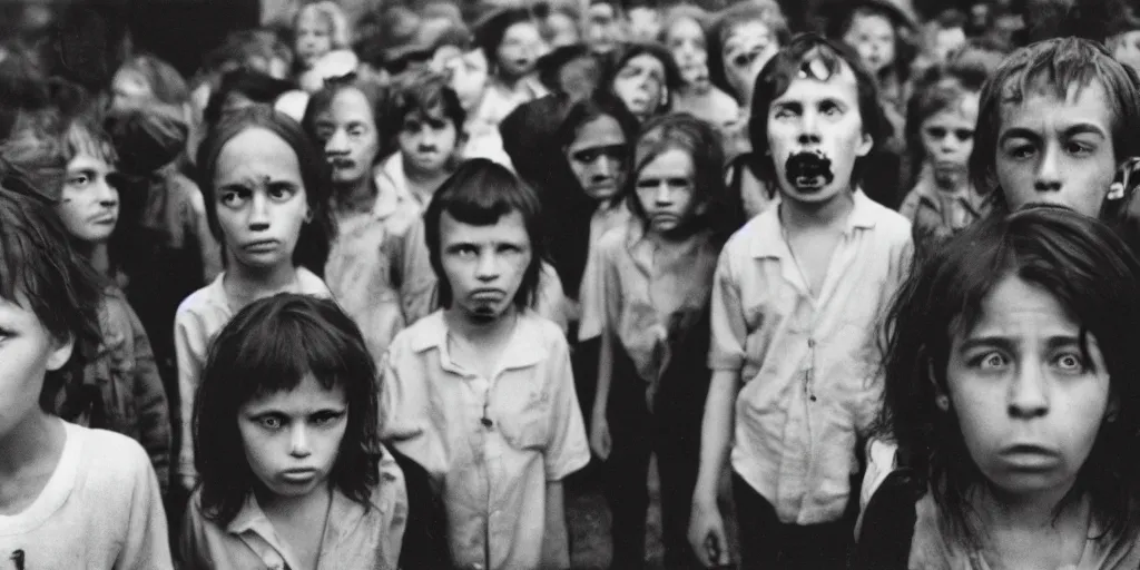 Prompt: kids in a line looking sad, frightening, ghastly, photorealistic, old film, 3 5 mm film, found film, scary, ominous, by bruce davidson, on hasselblaad