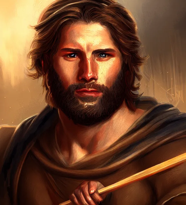 Prompt: portrait of biblical cain holding a spear intricate headshot highly detailed digital painting artstation concept art