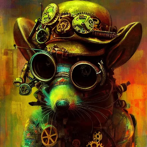 Image similar to steampunk rat, acid, 303, psychedelic, by ruan jia