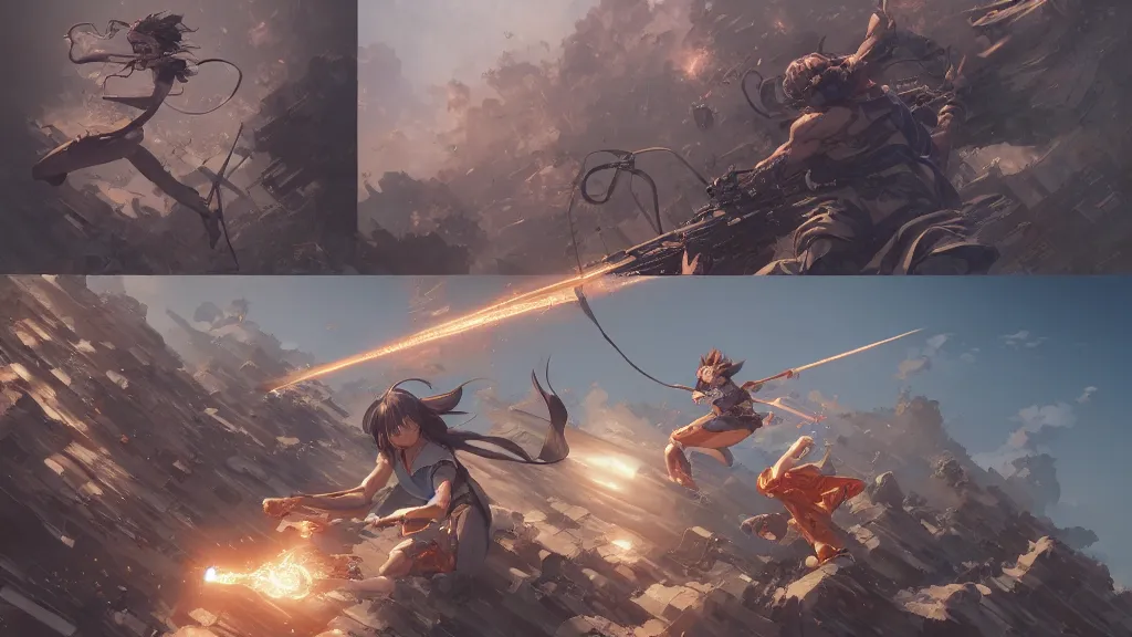 Image similar to highly detailed comic spread combination of art styles depicting an impactful action scene with expert design fictional characters, highly detailed, dynamic art by sakimi, moebius, makoto shinkai, murata, james jean, craig mullins, digital painting, masterpiece, best selling, pixiv, volumetric lighting, realistic shaded lighting, 8 k, highly detailed render,