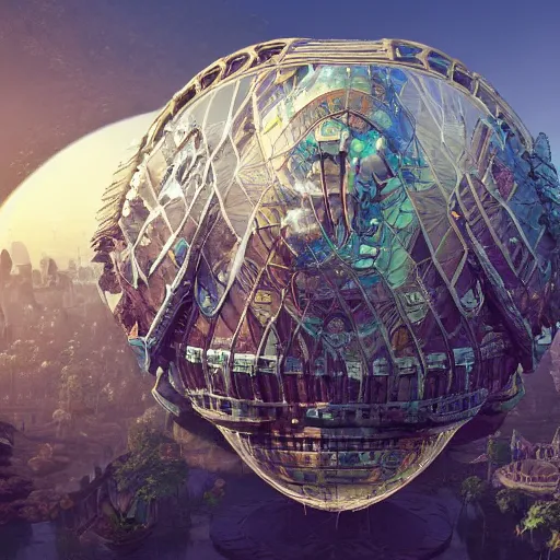 Image similar to enormous flying city in a faberge egg, sky, steampunk, fantasy art, masterpiece, unreal engine