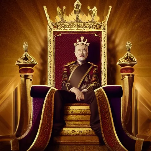 Prompt: portrait of an old king with a crown on the majestic throne, detailed face 8k, realistic, hyper-realistic, ultra-detailed, cinematic lighting, 4k, focused, cinematic
