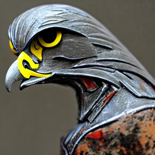 Image similar to A hawk model built from scrap metal, standing on asphalt, detailed close up photograph