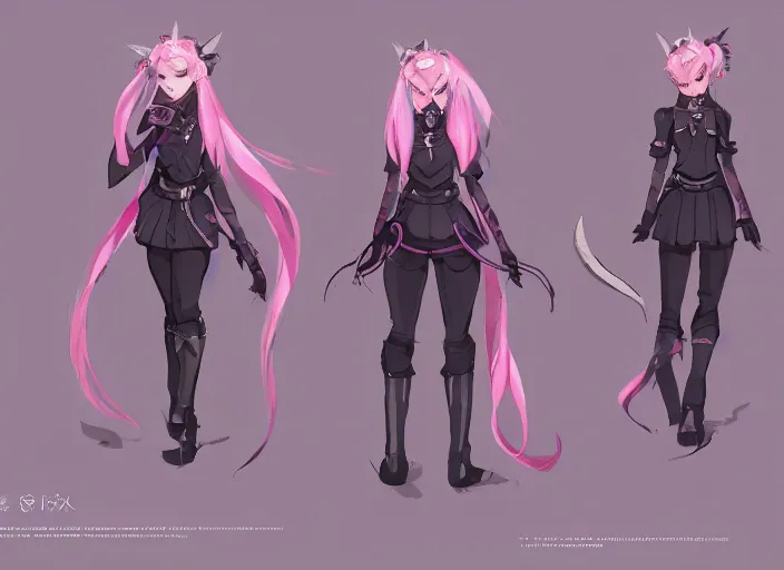Prompt: character sheet for a beautiful and cute girl for genshin impact by greg rutkowski, black to light pink fade hair, genshin impact style, ghibli, fashion design, overwatch style, sorcerer magic witch, digital art, trending on artstation, hd, 8 k, highly detailed, good lighting, beautiful, masterpiece