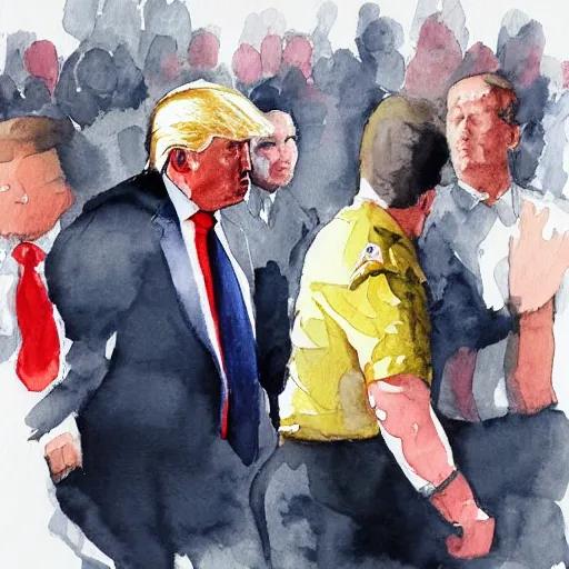 Prompt: donald trump in handcuffs being escorted by the fbi. watercolor