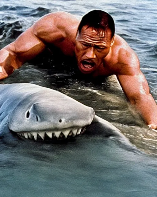 Image similar to film still close up shot of dwayne johnson wrestling with a shark in the movie jaws. photographic, photography