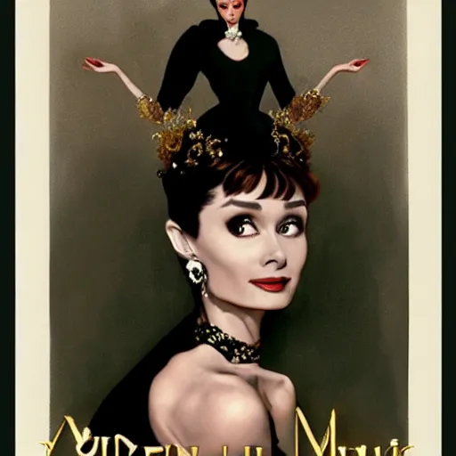 Image similar to an extremely detailed matte painting audrey hepburn as a vampire queen in a resplendent black dress with gold and crimson trim and a long leg slit, in the style of magic the gathering, 8 k, sharp focus, detailed face, art by john collier and albert aublet and krenz cushart and artem demura and alphonse mucha