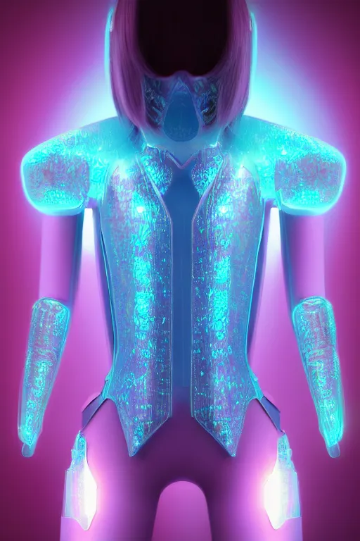 Prompt: futuristic translucent aquamarine cyber body armour, intricate, glowing, eyecandy, colorful, 3 d, octane render, photorealistic, modern, warp,