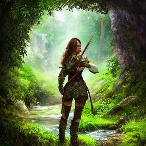 Prompt: a beautiful female fantasy dnd ranger standing by a stream in a lush valley, bow on her back, quiver filled with arrows, fine digital art, extreme detail, highly complex, very intricate, volumetric lighting, long grass, bushes, trees