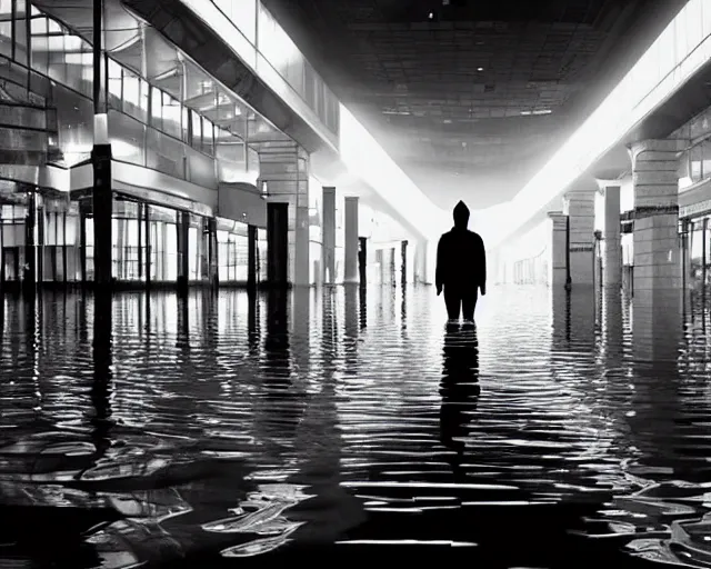 Prompt: A dark figure alone inside an empty dark flooded mall, epic scale, dramatic lighting, majestic and imposing