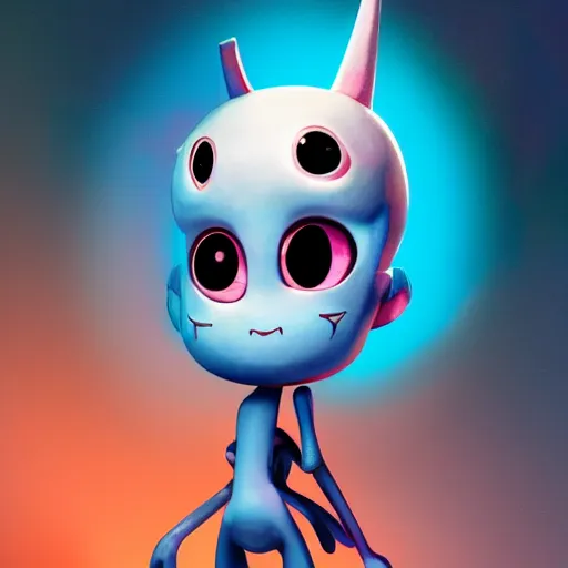 Image similar to 3d, chibi, video game character, cute, adorable, invader zim, James jean art style, figure, mewtwo style figure, smooth, octane render, dmt background, Pixar, big eyes, highly detailed