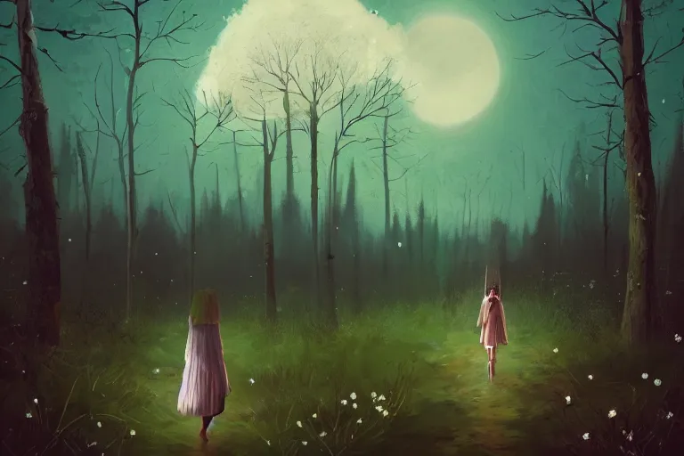 Prompt: giant white daisy flower head, girl walking in dark forest, surreal photography, dark night, stars, moon light, impressionist painting, clouds, digital painting, artstation, simon stalenhag