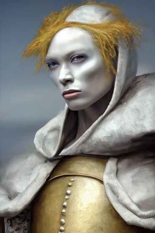 Image similar to hyperrealism oil painting, close - up portrait of albino medieval fashion model, knight, steel gradient mixed with nebula sky, in style of baroque