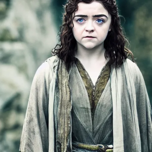 Image similar to first photos of 2 0 2 4 female lotr remake - maisie williams as frodo, ( eos 5 ds r, iso 1 0 0, f / 8, 1 / 1 2 5, 8 4 mm, postprocessed, crisp face, facial features )