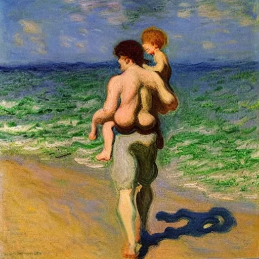 Image similar to a man carrying his child over his shoulders walking near the beach, anatomically correct, painting by monet, masterpiece