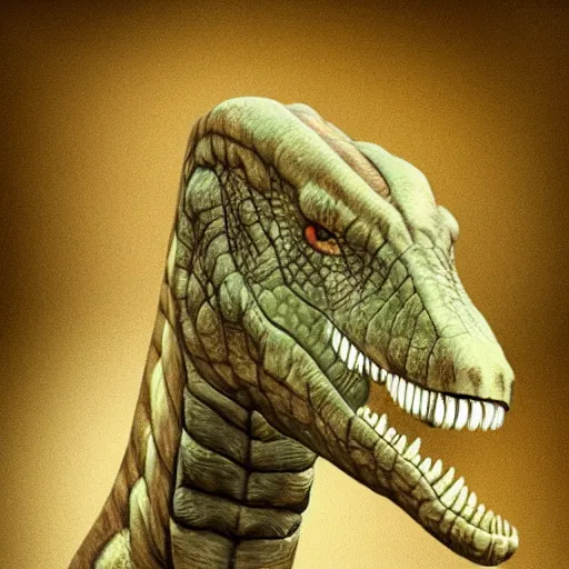 Image similar to a human but but in design of a dinosaur photo - realistic