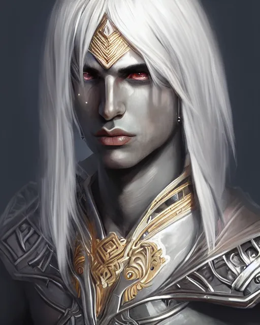 Image similar to portrait of a feminine male dark elf, obsidian skin, fantasy, elegant, intricate, highly detailed, digital painting, artstation, concept art, sharp focus, illustration