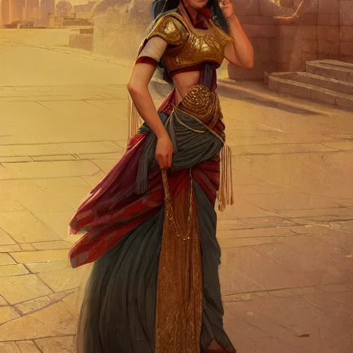 Prompt: A well dressed sumerian woman in a major Mesopotamian city, highly detailed, digital painting, artstation, concept art, sharp focus, illustration, cinematic lighting, art by artgerm and greg rutkowski and alphonse mucha