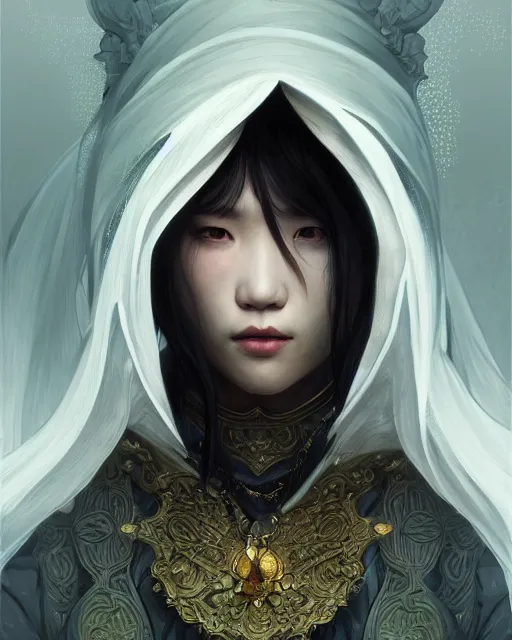 Prompt: Portrait of a female thief, korean face features, wearing hood, dark fantasy, intricate, elegant, highly detailed, digital painting, artstation, concept art, smooth, sharp focus, illustration, art by Sam Youn and Fernanda Suarez and Artem Demura and alphonse mucha