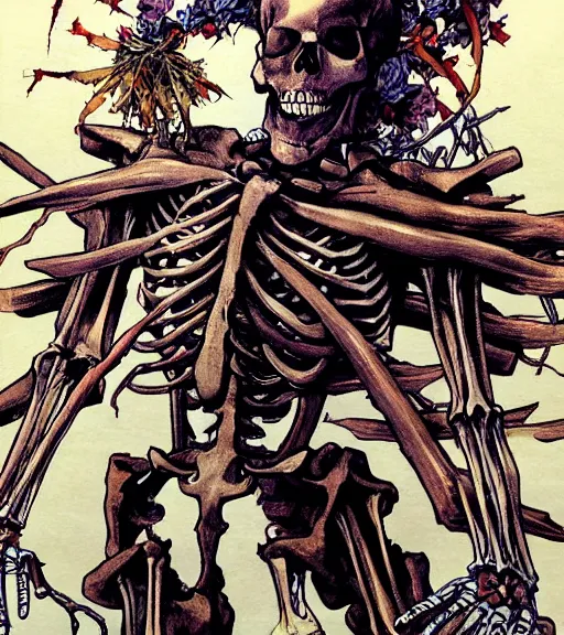 Prompt: a skeleton wearing a morticians outfit is pruning plants sprouting from a body, comic book art, by yoji shinkawa and takehiko inoue and kim jung gi, masterpiece, perfect