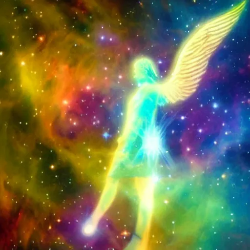 Prompt: a giant solid angel flying through a nebula