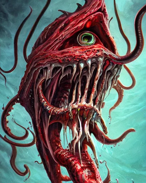 Prompt: Haunting horrifying detailed painting of a tall skinny extraterrestrial squid monster made of gelatinous fluid, floating teeth and bloodshot eyeballs, hyper detailed, trending on Artstation