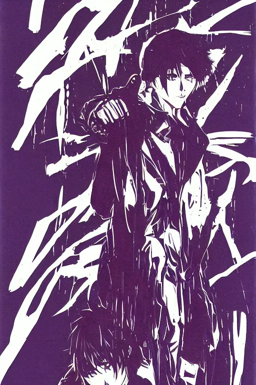 Image similar to professionally drawn seinen mature cyberpunk detective horror action manga comic cover, full color, beautifully drawn coherent professional, drawn by ilya kuvshinov!, satoshi kon, kentaro miura, dave mckean, tsutomu nihei. japanese script kanji hiragana on the cover. minimalist stylized cover art. purple indigo blue cel shaded