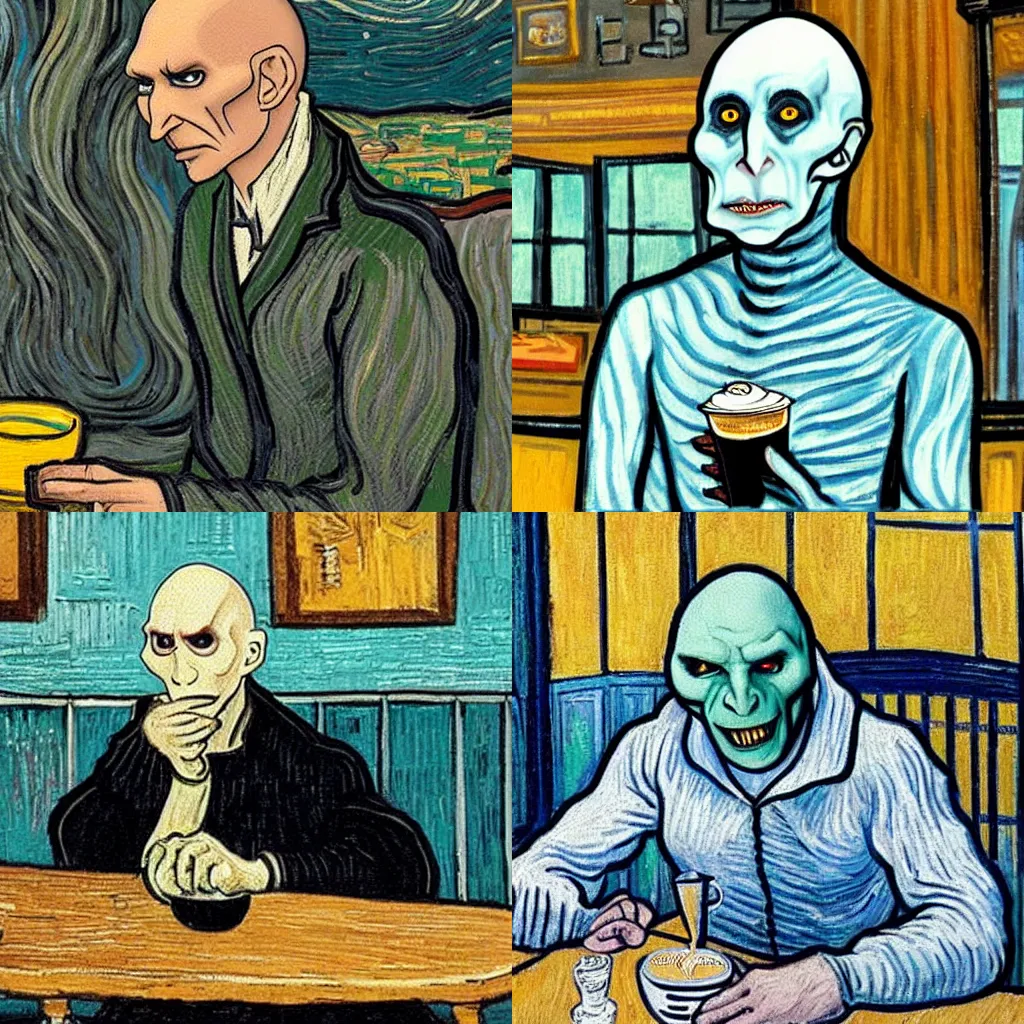 Prompt: Voldemort enjoying a coffee in a Parisian cafe in the style of Van Gogh