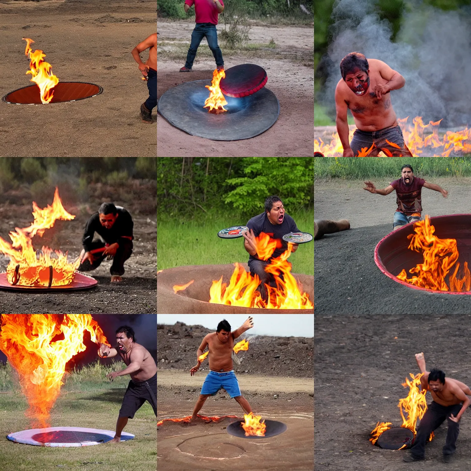 Prompt: first nations man yelling angrily while throwing a frisbee into a pit of fire