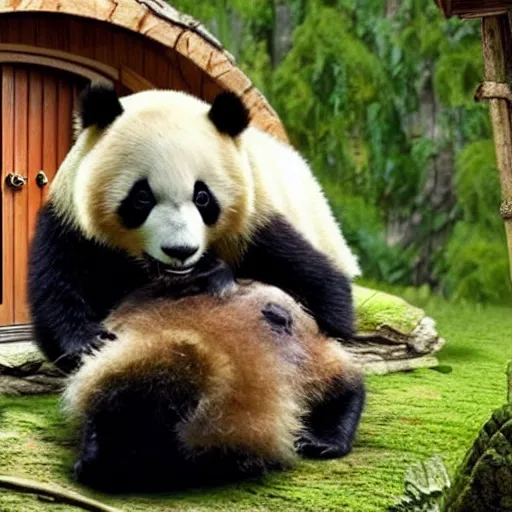 Prompt: Ryan Gosling saves a panda from a fire in the hobbit house, hyper realistic, 4k, 8k, cinematik