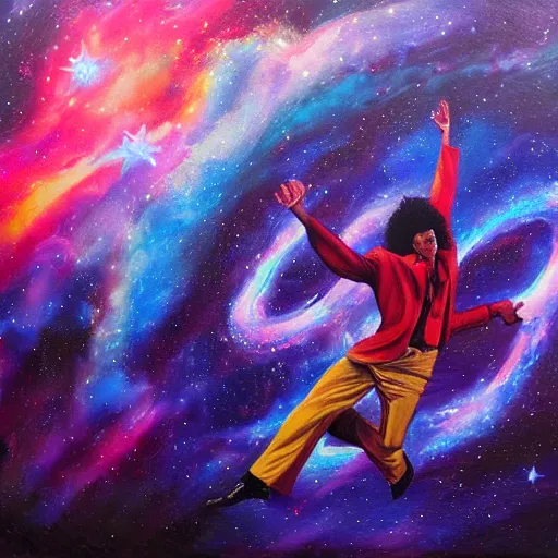 Image similar to painting of Michael Jackson dancing in a cosmic scenic environment, trending on Artstation, hyperdetailed, beautiful, stars, planets, nebula, medium shot, mid-shot