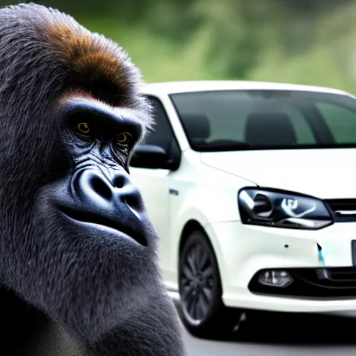 Image similar to angry gorilla smoking in front of a volkswagen polo, hyperrealistic, 4 k