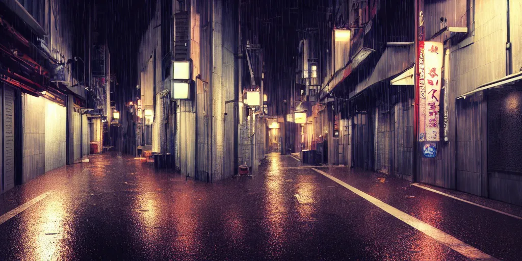 Image similar to quiet tokyo alley at night, raining, dim volumetric lighting, 8 k octane render, hdr, hyper realistic, hyperdetailed, epic composition, cinematic lighting, masterpiece, street photography