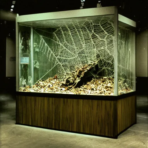 Prompt: spooky creepy liminal space, display case, aquatic exhibition science museum, dried cracked aquarium, covered in leaves, computer screens, photo taken on 1 9 8 0 s fujifilm superia